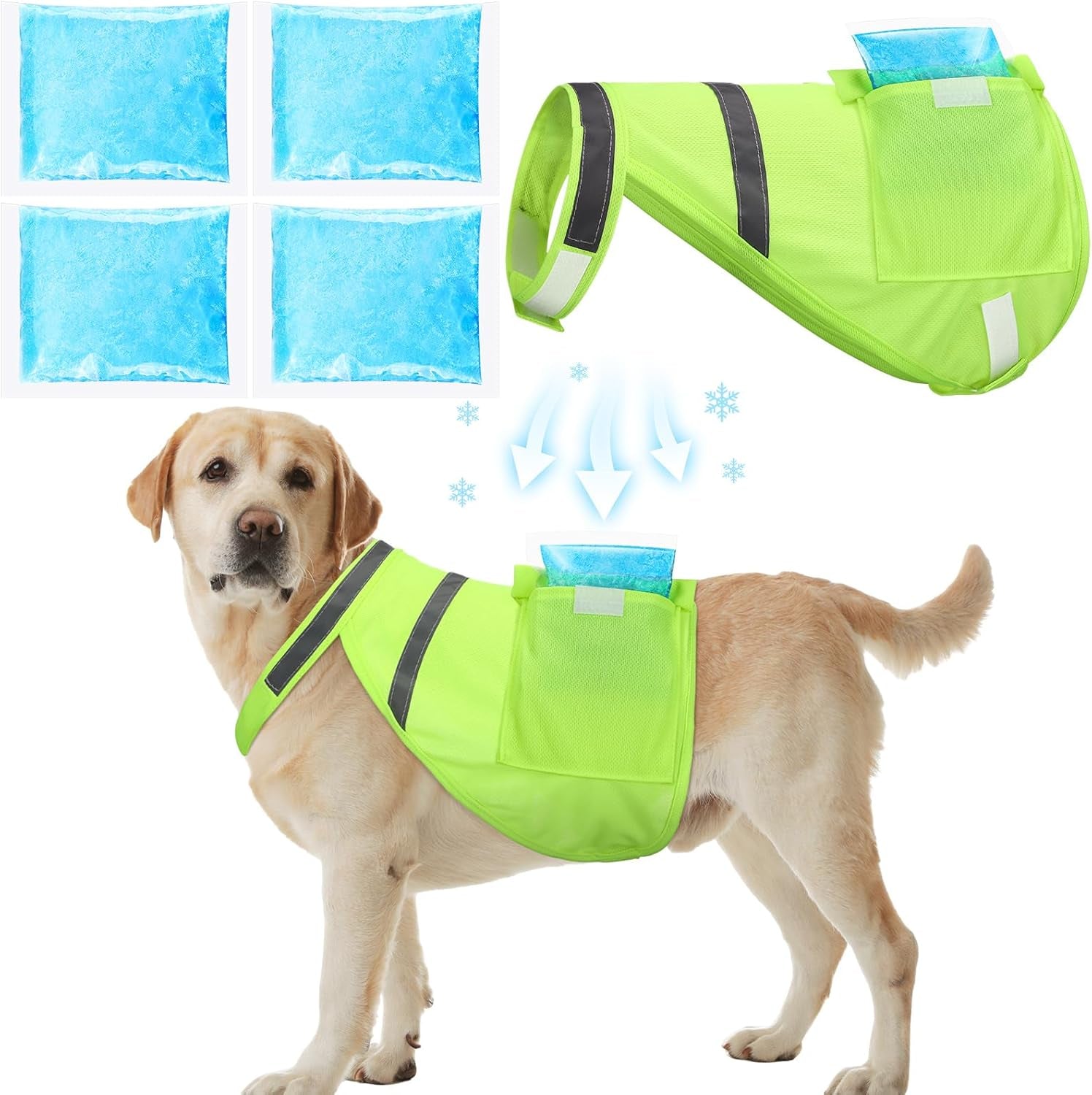 2 Pcs Dog Cooling Vest with 4 Recyclable Ice Pack Summer Outdoor Dog Cooling Harness Shirt Adjustable Pet Cooler(Fluorescent Green,Large)