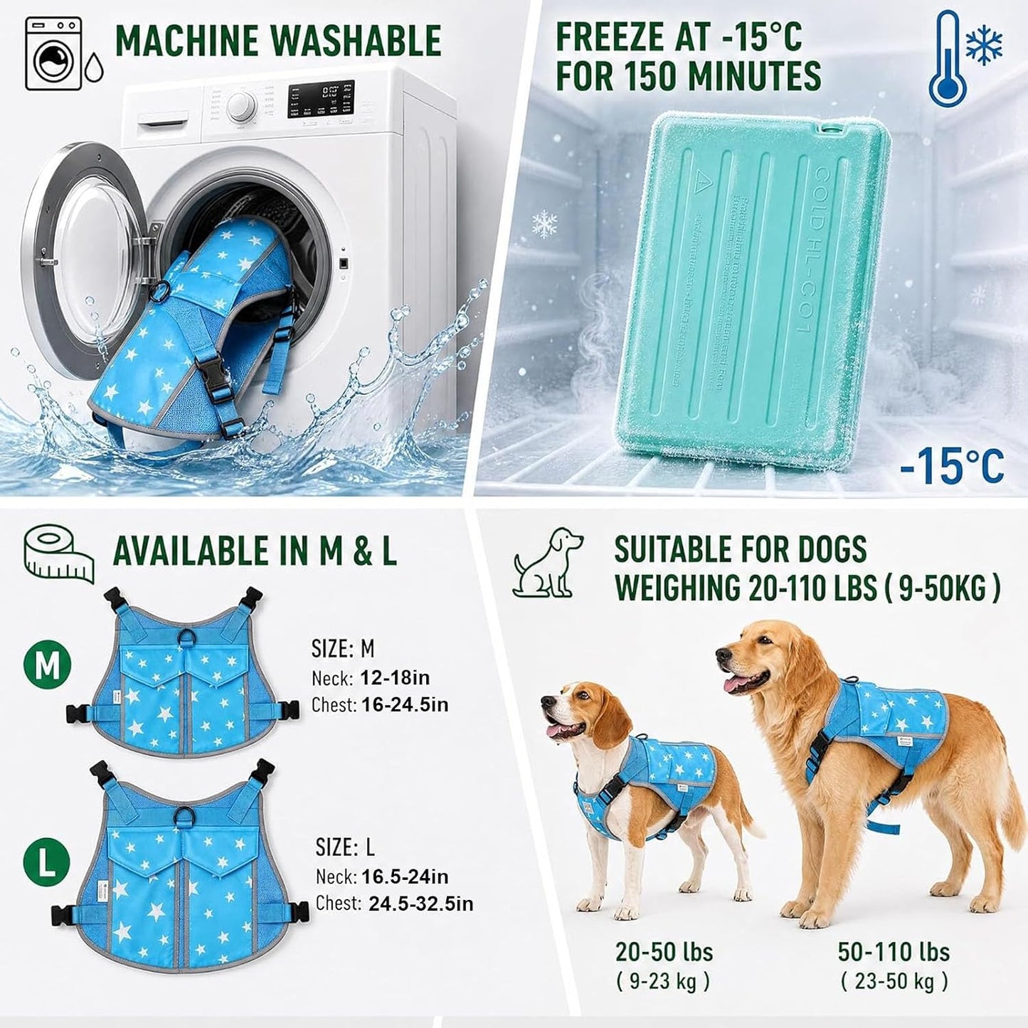 Dog Cooling Vest Harness 4 PCM Ice Packs up to 3+ Hours | Cooling Vest for Dogs with PCM Ice Packs, for Medium to Large Dogs, Easy to Wear for Walking Hiking Camping and Training