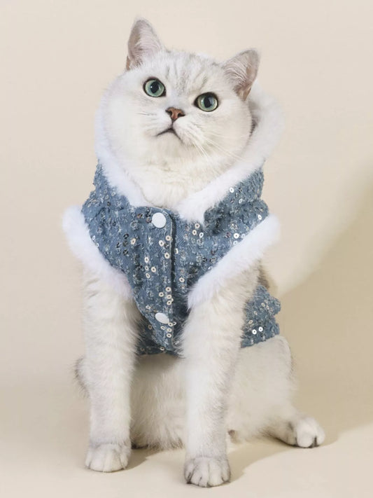 Sequin Pet Coat with Fur Trim