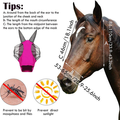 Lycra Horse Fly Mask With Ears Comfort Fit Mesh Trail Pasture Sun UV Protection