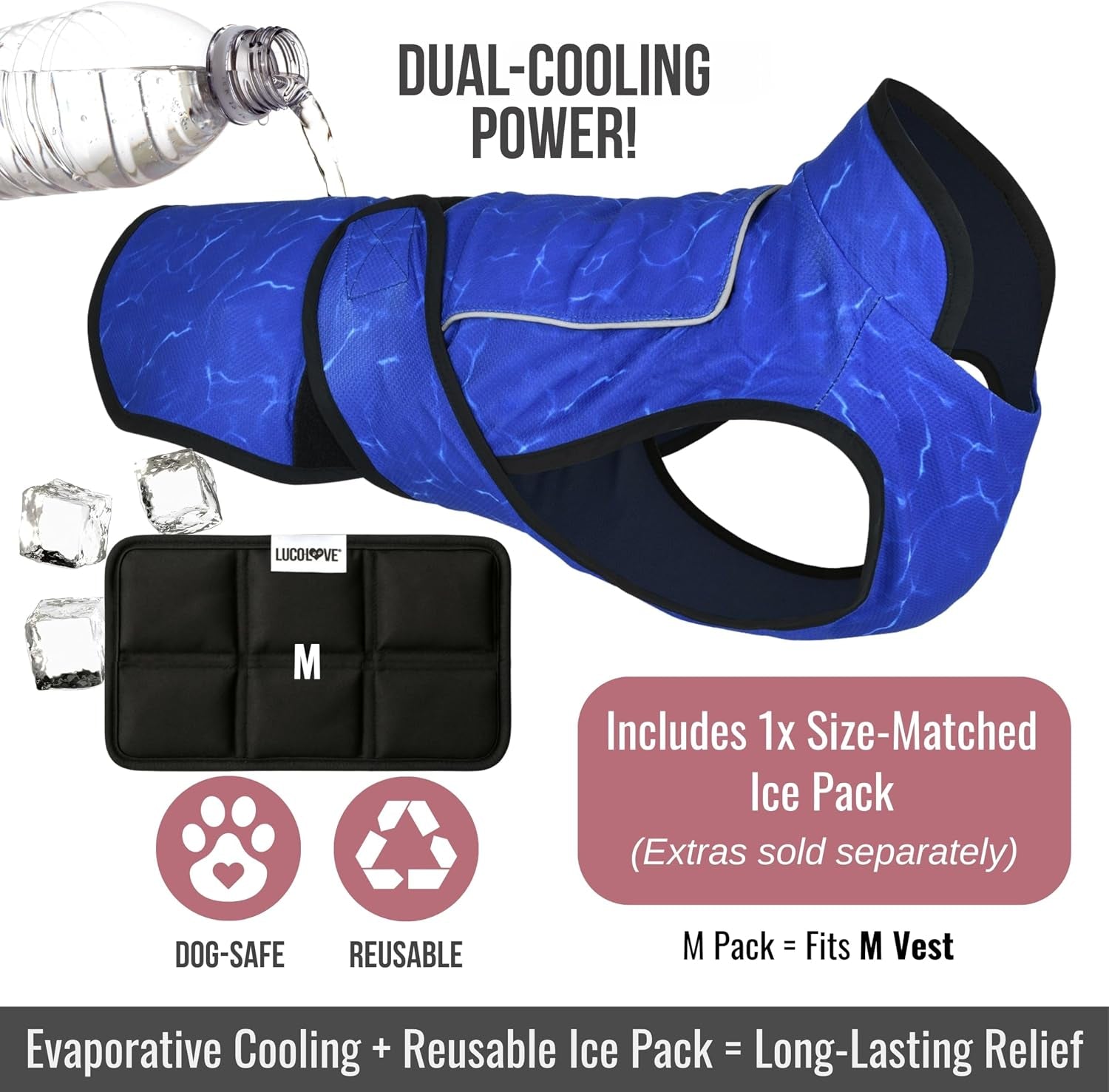Dog Cooling Vest with Ice Pack & Cooling Collar, Blue Aqua, M | Maximum Cooling Support, Size-Matched Ice Packs, Cooling around Neck and Body, UV Protection, Sizes to Suit Most Dogs