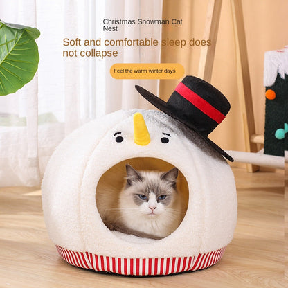 Cat Nest: Semi enclosed Cat House for All Seasons, Cute Christmas Snowman Cat Nest, Winter Warmth Pet Supplies