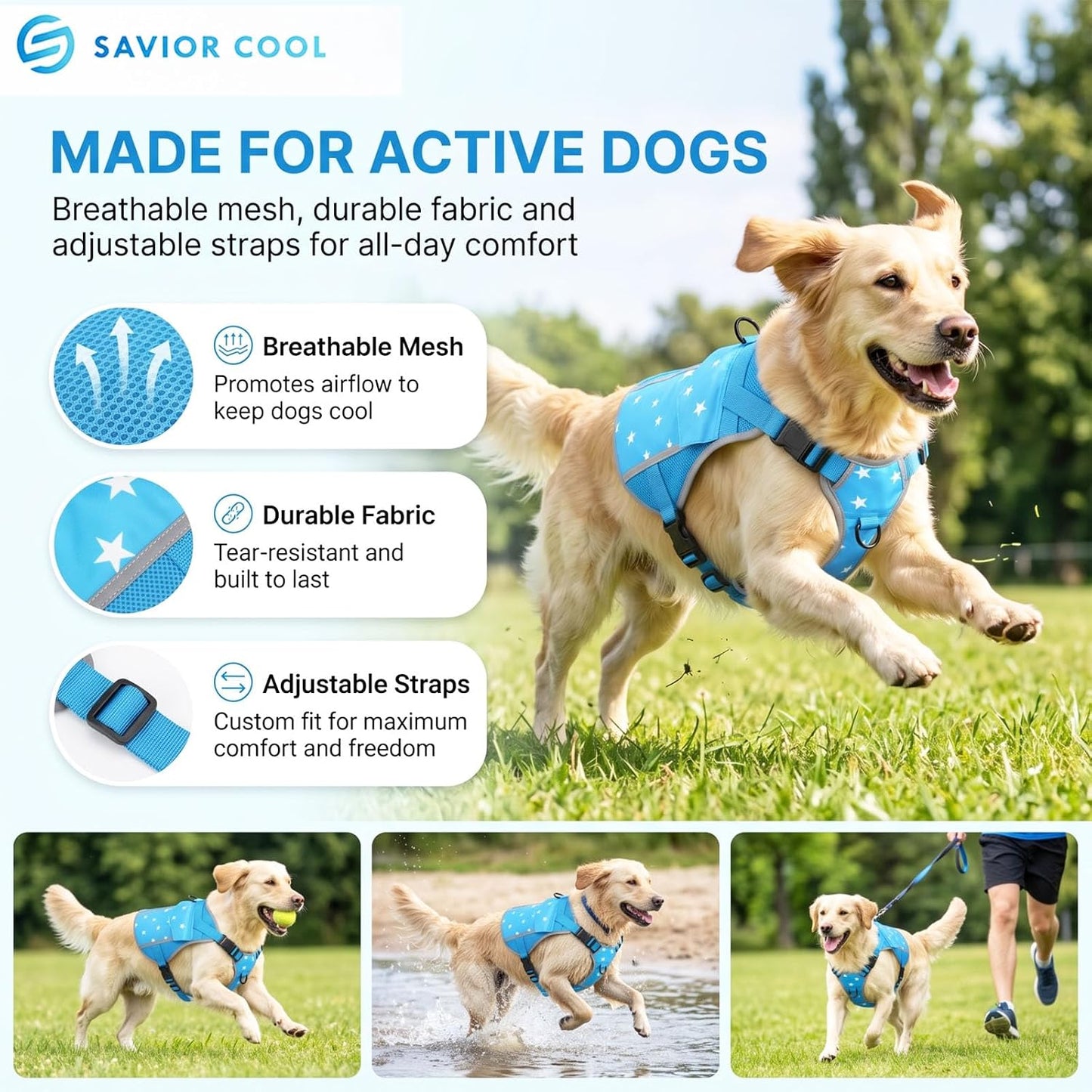Dog Cooling Vest Harness 4 PCM Ice Packs up to 3+ Hours | Cooling Vest for Dogs with PCM Ice Packs, for Medium to Large Dogs, Easy to Wear for Walking Hiking Camping and Training