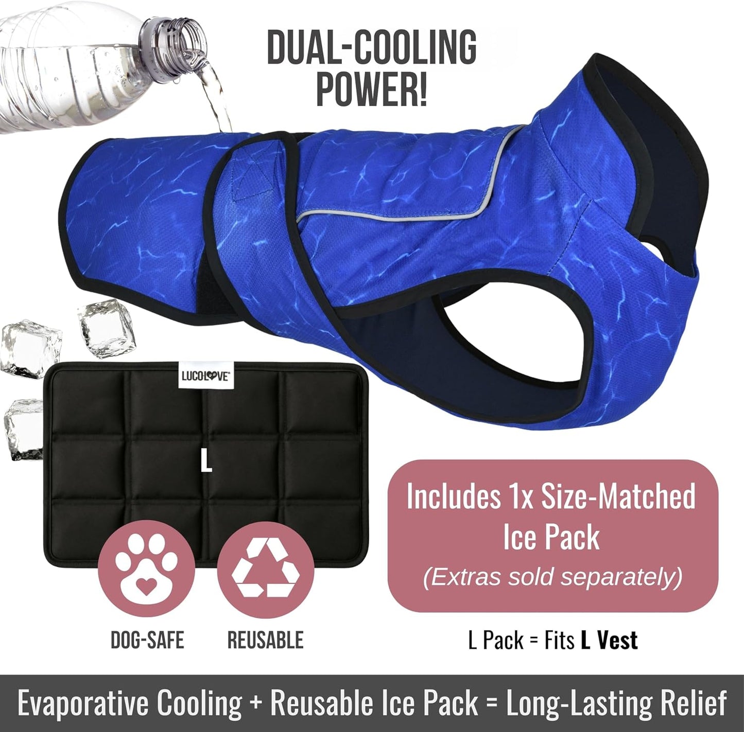 Dog Cooling Vest with Ice Pack & Cooling Collar, Blue Aqua, L | Maximum Cooling Support, Size-Matched Ice Packs, Cooling around Neck and Body, UV Protection, Sizes to Suit Most Dogs