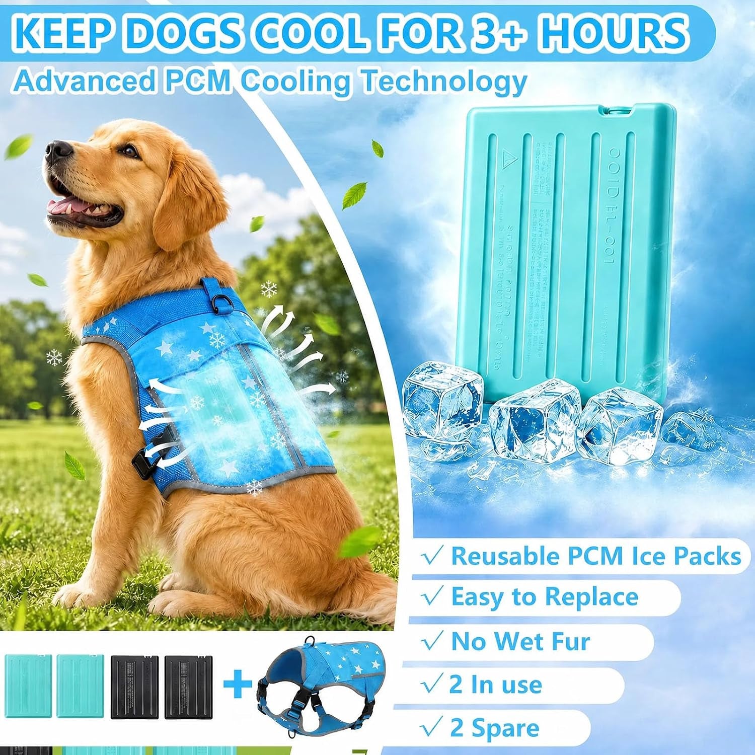 Dog Cooling Vest Harness 4 PCM Ice Packs up to 3+ Hours | Cooling Vest for Dogs with PCM Ice Packs, for Medium to Large Dogs, Easy to Wear for Walking Hiking Camping and Training