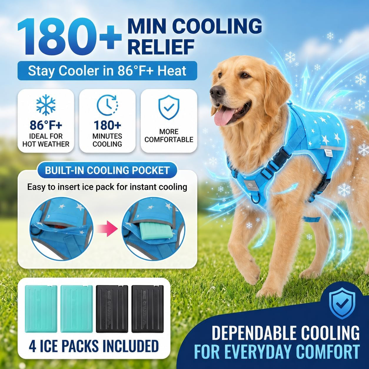 Cooling Dog Vest Harness with 4 Ice Packs, Instant & Long-Lasting Heat Relief for Medium Large Dogs, No-Mess Dogs Cooling Jacket for Summer Hiking, Walking, Car Travel & Beach