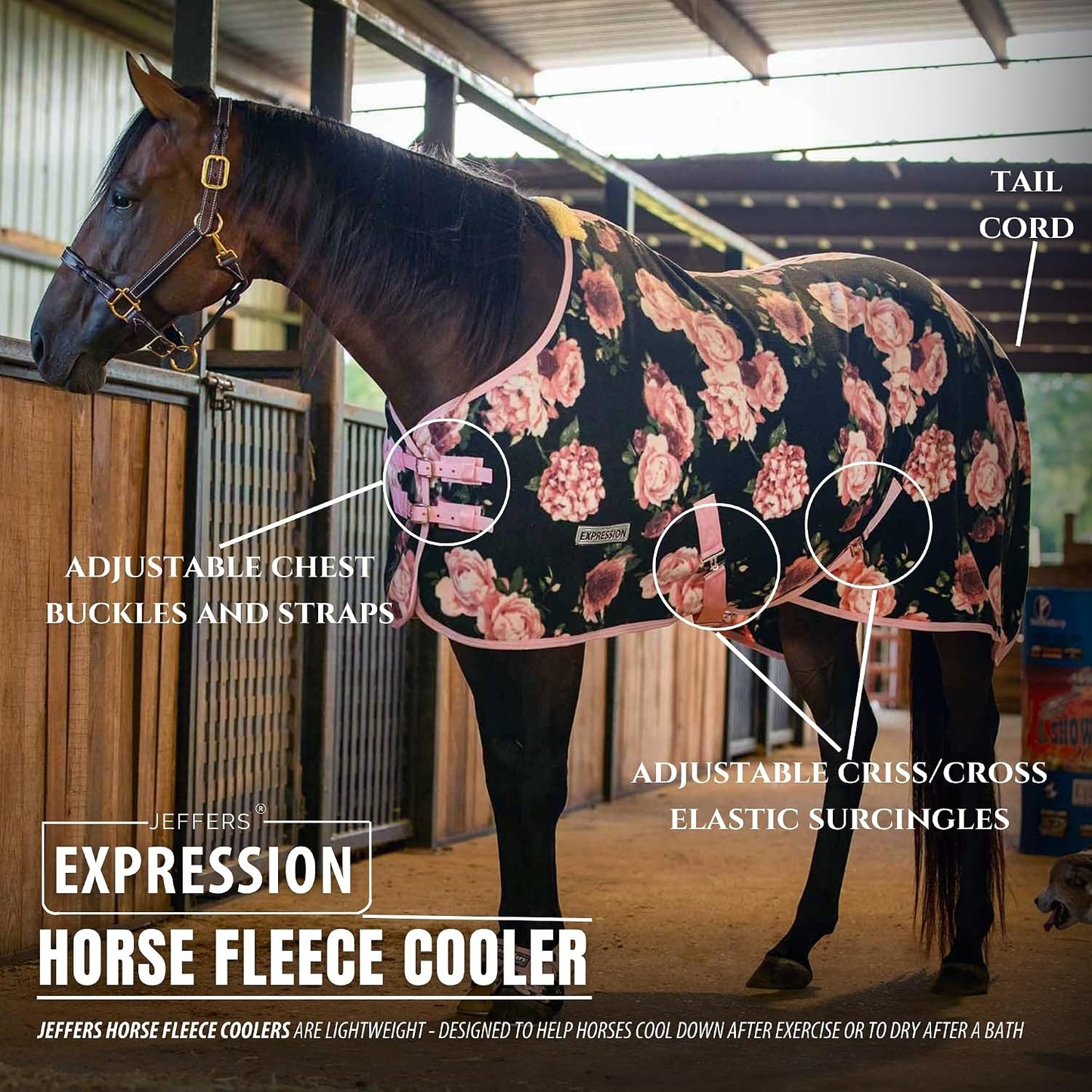 Expression Fleece Cooler for Horses, Standard Neck, Rose Garden 75"- Equine Towel Blanket, Moisture Absorbent, Light Weight, Best for Drying, Exercise, Bathing, Adjustable Belly Bands